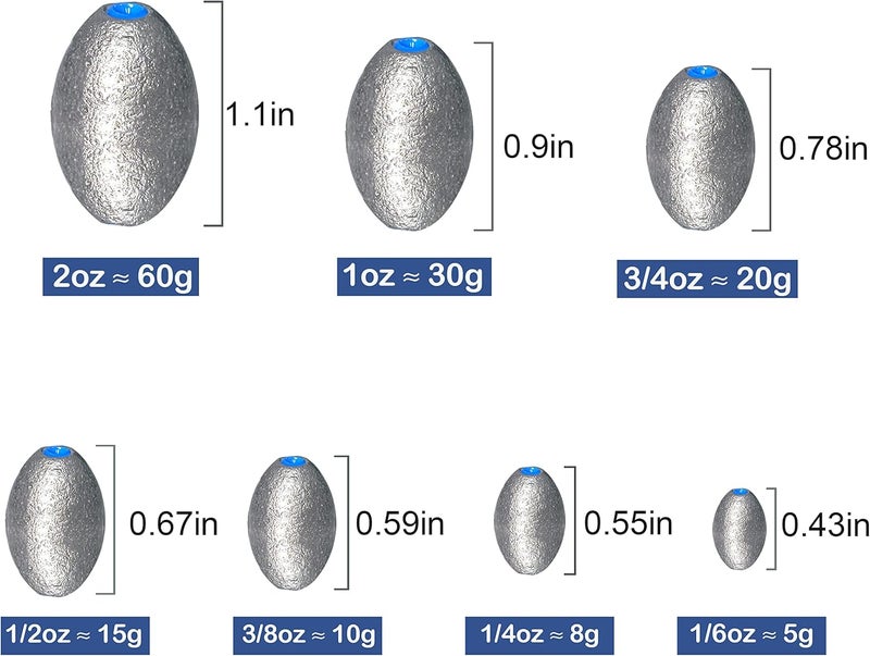 TKHDBF Egg Sinkers Bullet Fishing Weights Oval Shaped with Plastic Core Slip Sinkers for Catfish Fishing Casting Saltwater and Freshwater 1/5oz to 2oz - Image 3